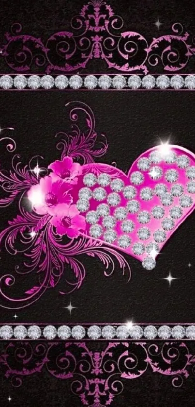 Elegant pink heart wallpaper with floral design on dark background.