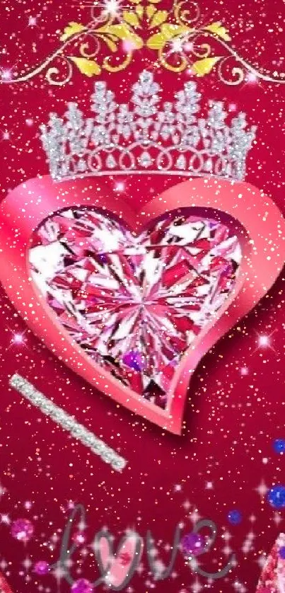 Elegant pink heart wallpaper with crown and sparkling jewels.