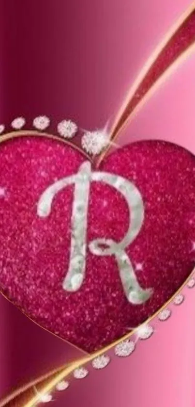 Glittery pink heart wallpaper with 'R'.