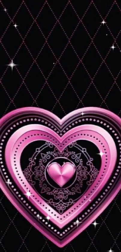 Elegant pink heart with lace pattern on black background.