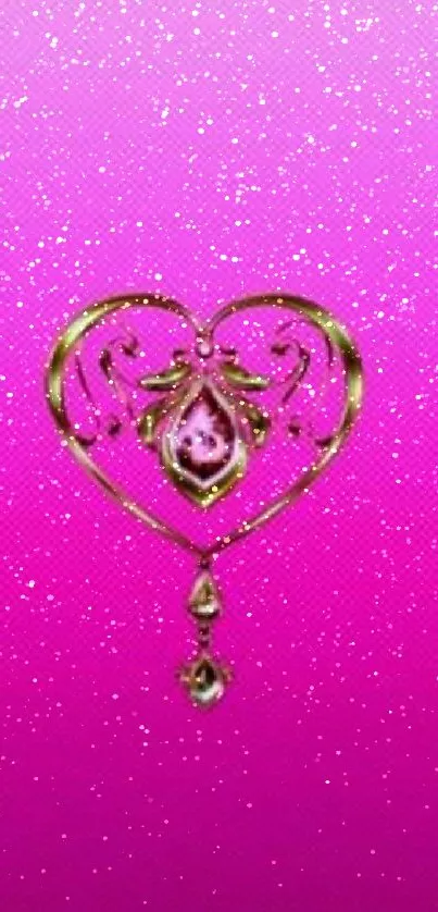 Pink heart wallpaper with golden design on mobile.