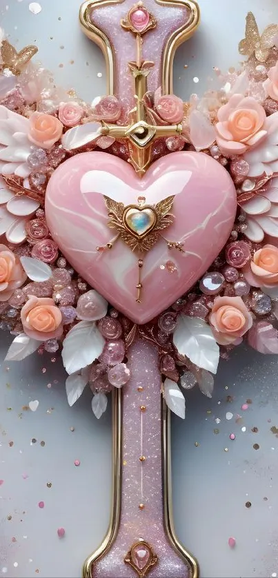 Elegant mobile wallpaper with pink heart, wings, and roses.