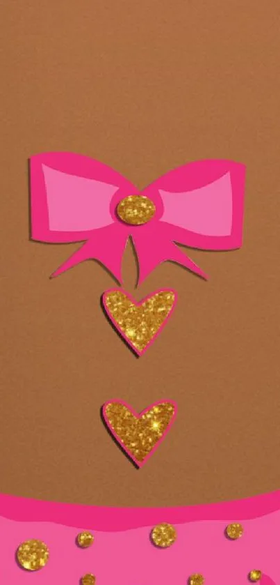 Elegant wallpaper with pink bow and glitter hearts on brown background.