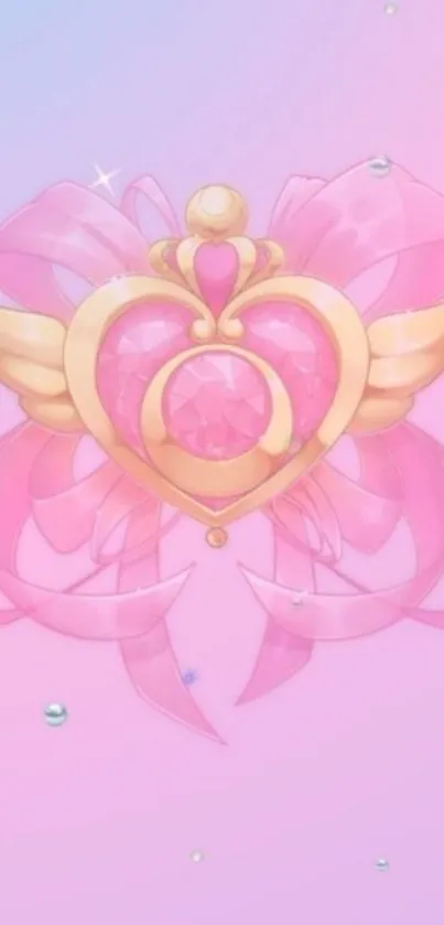 Elegant pink heart with golden crown on pastel background.