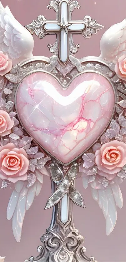 Elegant pink heart with roses, wings, and cross design.