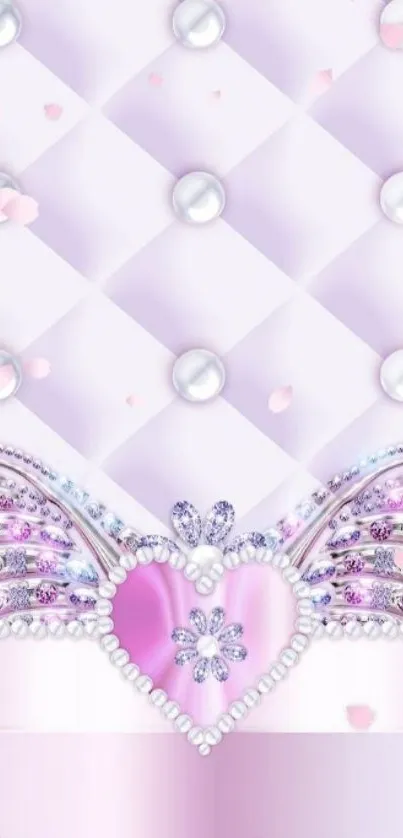 Elegant pink heart wallpaper with pearls and crystals.