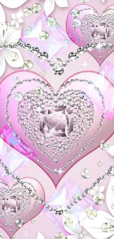 Elegant pink heart wallpaper with jewels and floral accents.