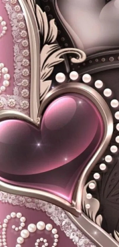 Elegant pink heart wallpaper with pearls and intricate details.