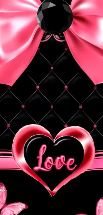 Elegant pink heart wallpaper with a bow.
