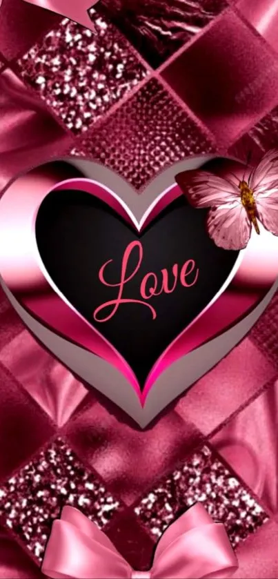 Pink heart with butterfly on patterned background.