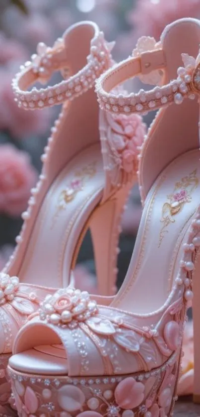 Elegant pink high heels with floral details.