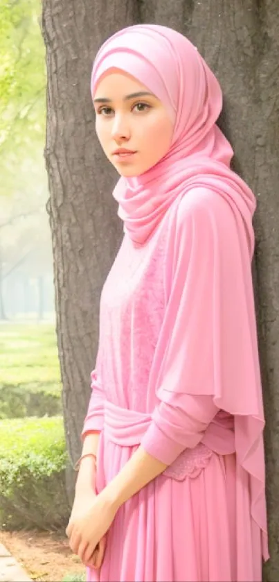 Woman in pink hijab leaning against a tree in nature.