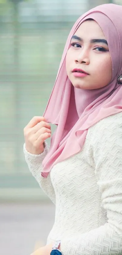 Woman in pink hijab with serene expression.