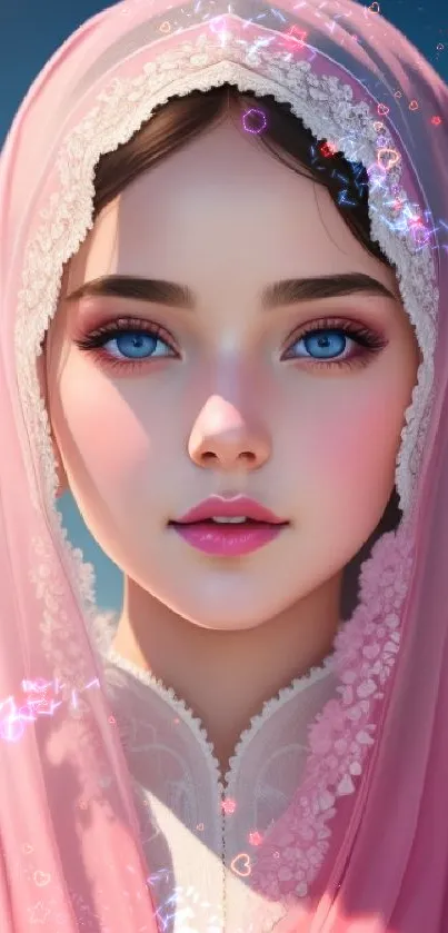 A woman with blue eyes wearing a pink hijab in a digital portrait.