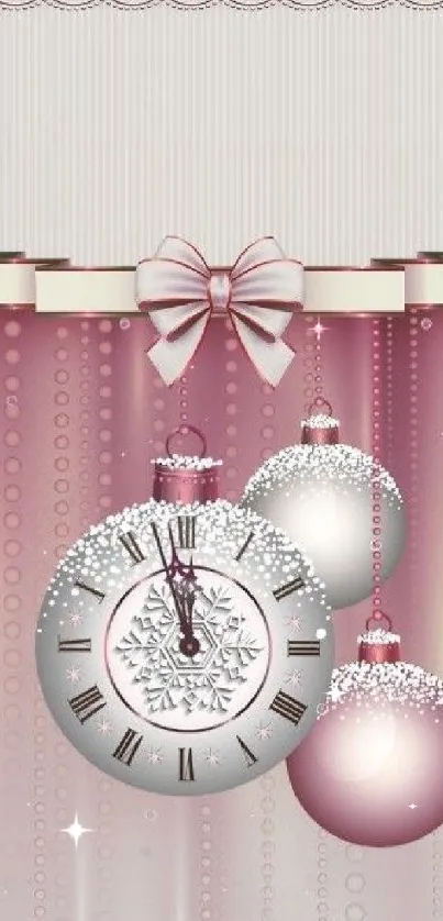 Elegant pink holiday wallpaper with ornaments and a clock design.