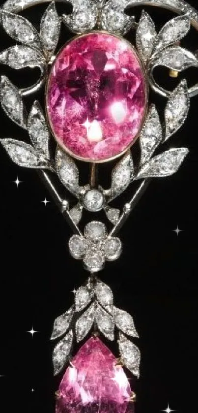 Elegant pink gemstone adorned with sparkling diamonds on a dark background.