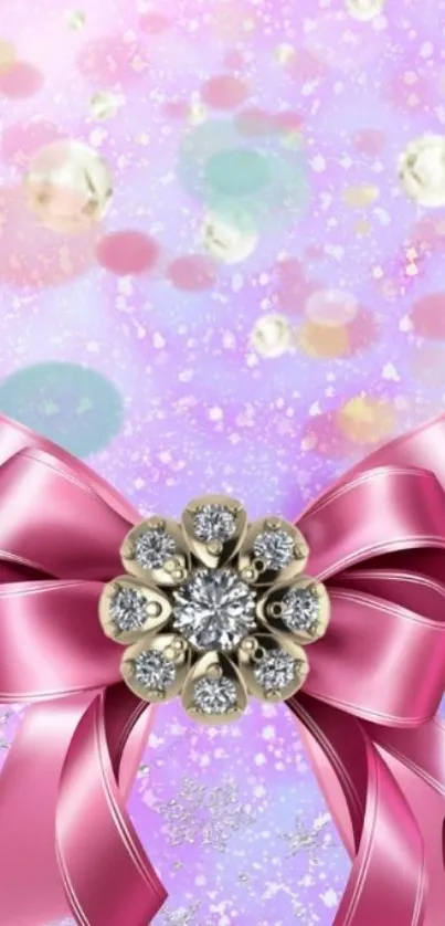 Mobile wallpaper with pink bow and jewel accents.