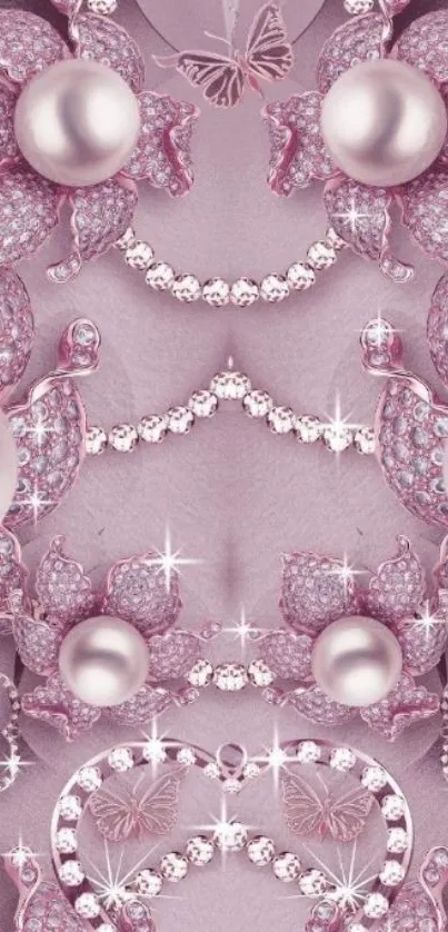 Pink elegant jewelry wallpaper with pearls and diamonds.