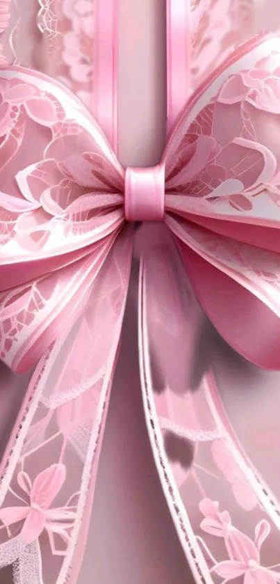 Elegant pink lace wallpaper featuring a detailed bow design.