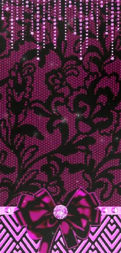 Pink and black lace pattern wallpaper with glamorous bow accent.