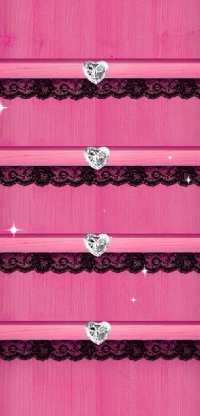 Pink wallpaper with elegant lace and heart design for mobile phones.