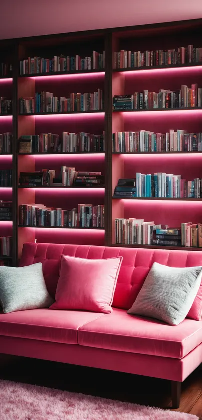 Elegant pink library with a stylish sofa and bookshelves.