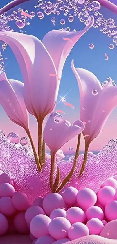 Elegant pink lily wallpaper with bubbles in a serene setting.