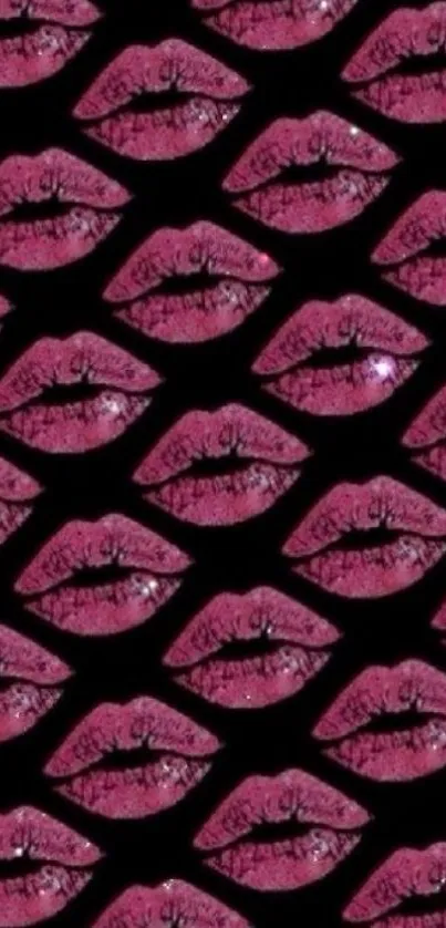 Stylish deep pink lips pattern on a black background mobile wallpaper.