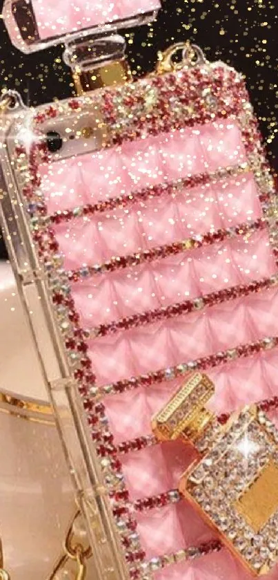 Luxurious pink phone case with sparkling gems on wallpaper.