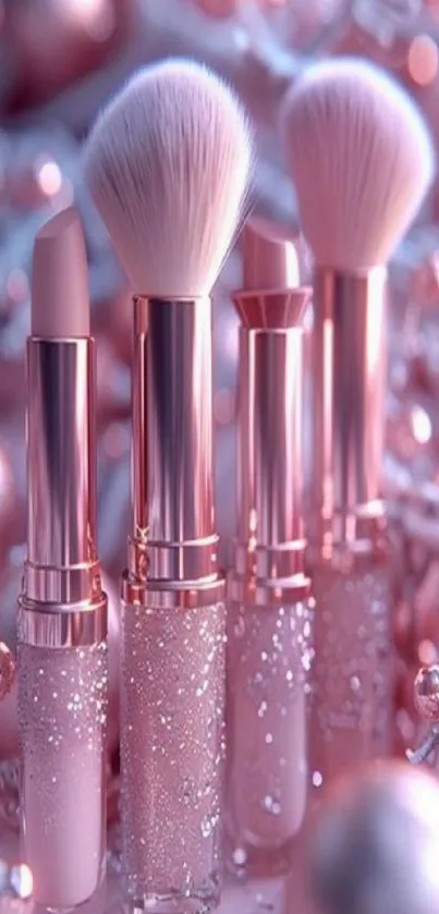 Elegant pink makeup brushes with glistening details on a soft backdrop.