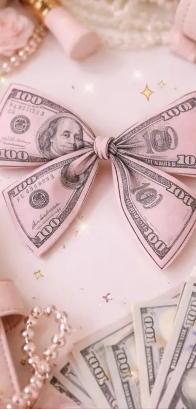 Pink money bow with hundred-dollar bills on luxury accessories.