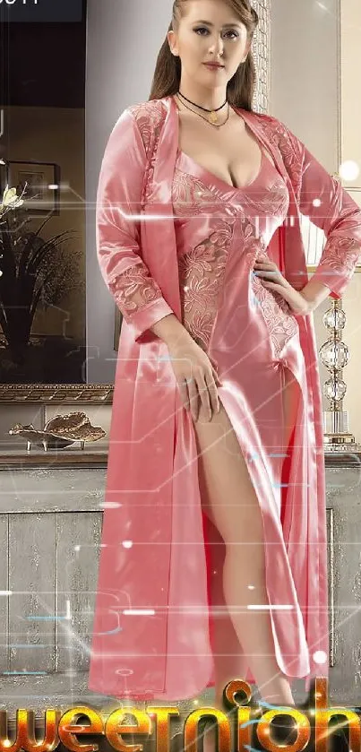 Elegant woman in pink nightwear in a stylish room setting.