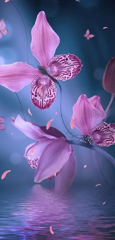 Elegant mobile wallpaper with pink orchids on blue.