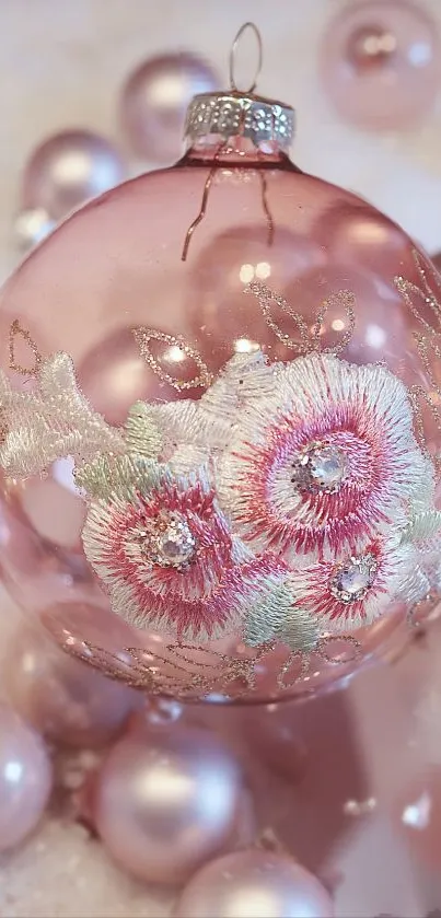 Elegant pink ornament with floral embroidery on a glass bauble.