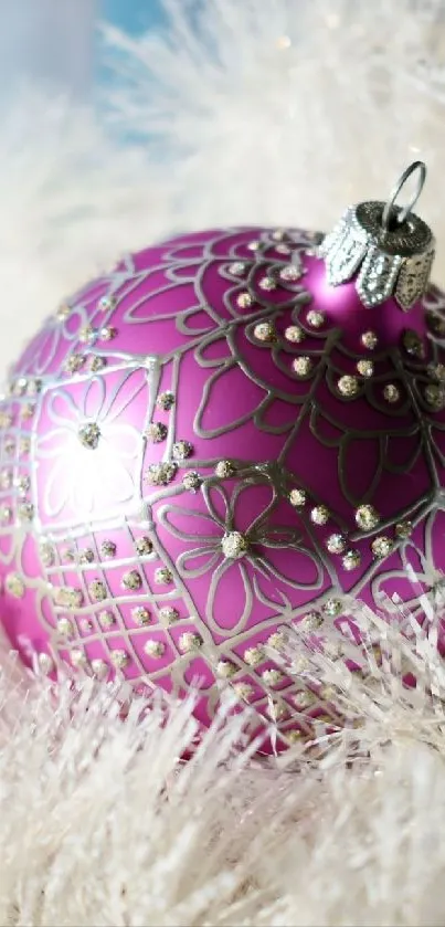 Purple ornament featuring intricate designs in white fur background.