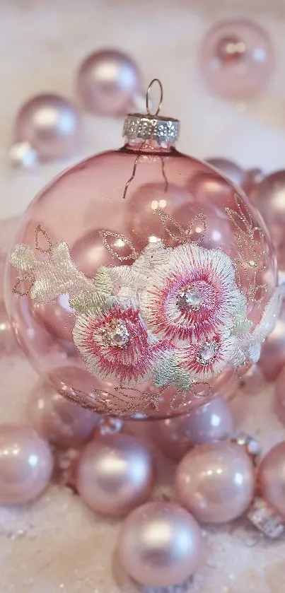 Elegant pink ornament with floral design on a festive background.