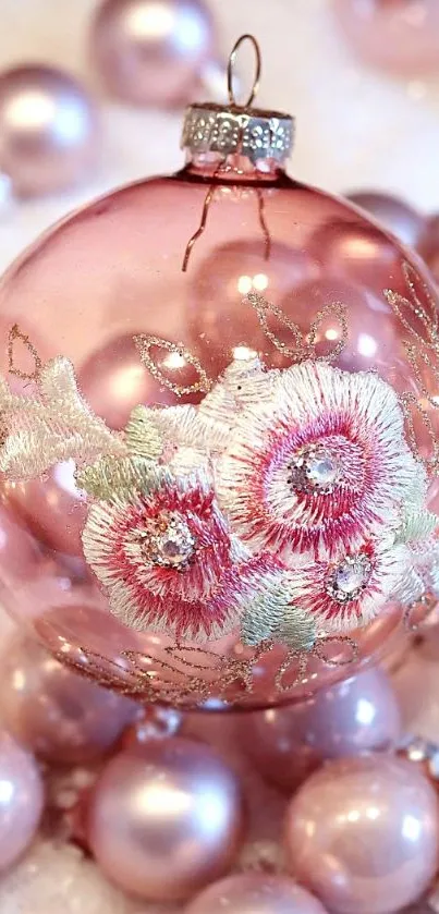 Elegant pink ornament with floral embroidery on a festive background.