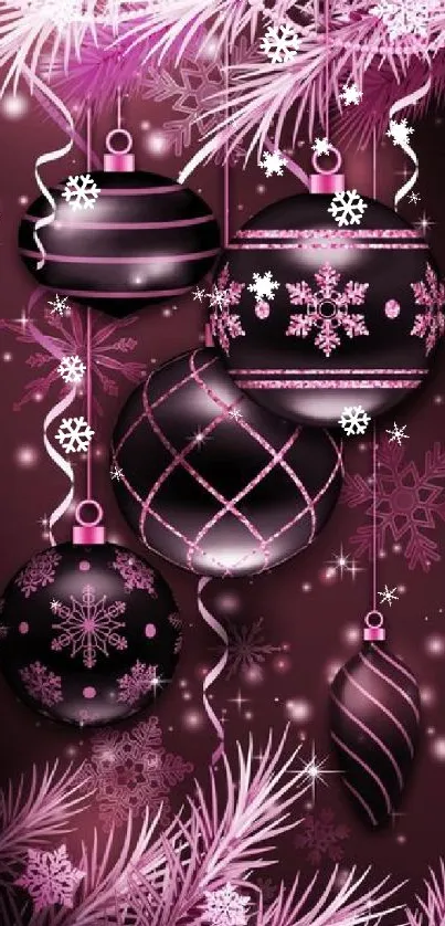 Festive pink ornaments with snowflakes on dark wallpaper.