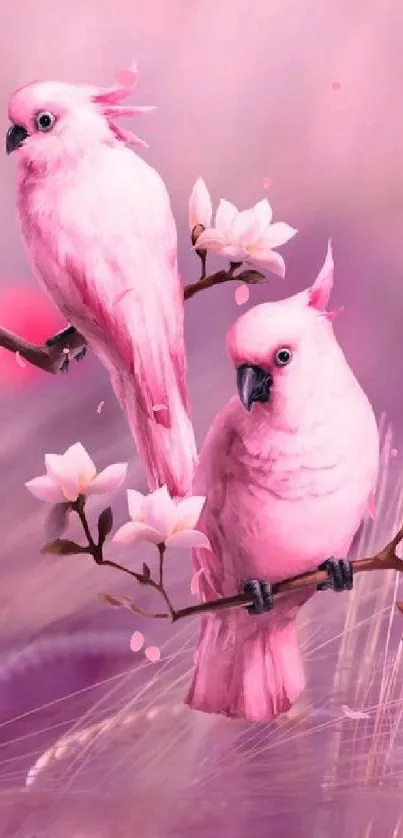 Elegant pink parrots on blossoming branches.