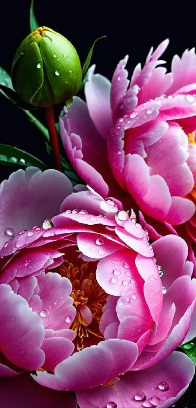 Pink peonies with dew on a dark background.