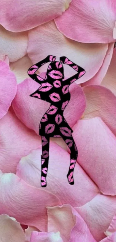 Pink petal wallpaper with kiss-mark silhouette art.