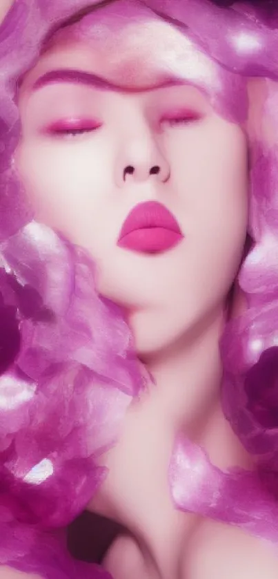 Serene face embraced by soft pink petals creating elegant mobile wallpaper.