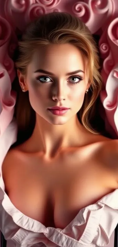 Portrait of a woman surrounded by pink patterns.
