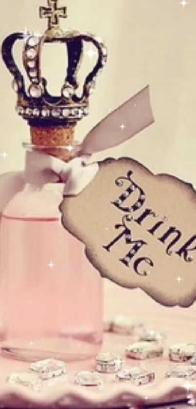 Pink potion bottle with crown and 'Drink Me' tag on display.