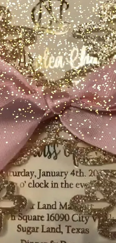 Pink ribbon tied on elegant gold lace invitation card.