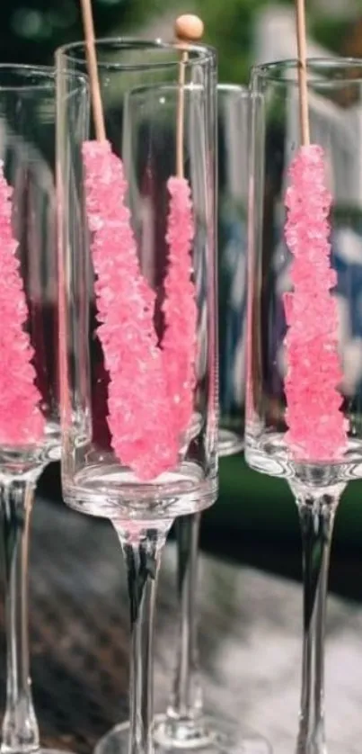 Champagne glasses with pink candy sticks inside.