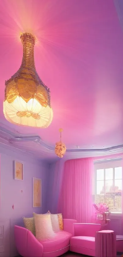 Luxurious pink room wallpaper with elegant chandelier and decor.