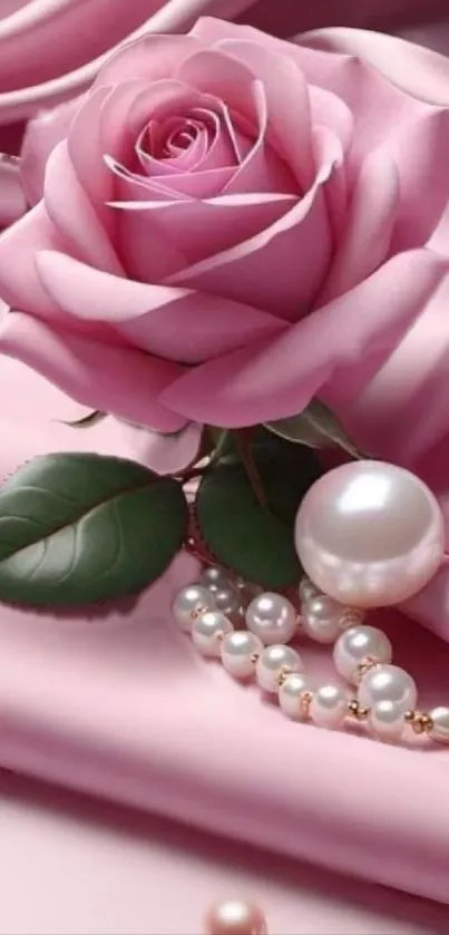 Elegant pink rose on silk with pearls.