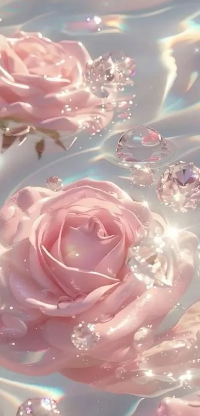 Pink roses floating in shimmering water background.