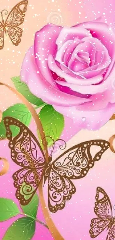 Elegant pink rose with decorative butterflies wallpaper.